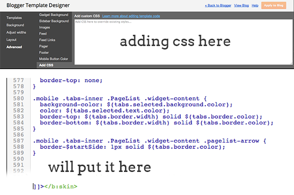 adding css code to b:skin or template