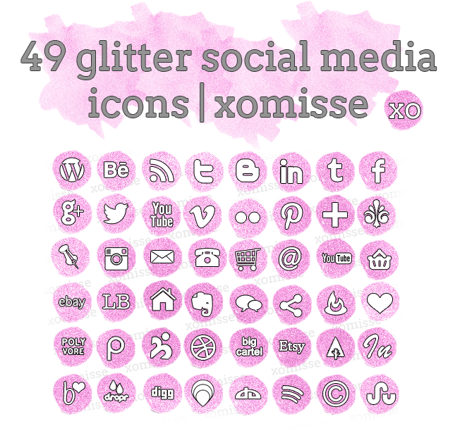 Pink Glitter social media icons buttons for blog