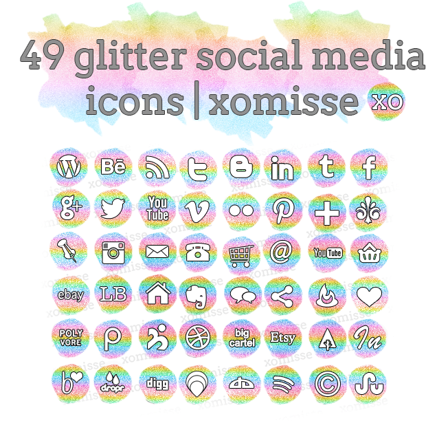 Rainbow Glitter social media icons buttons for blog