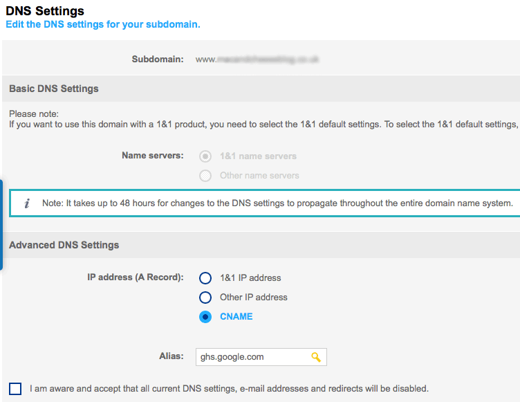 custom domain using 1and1 on Blogger