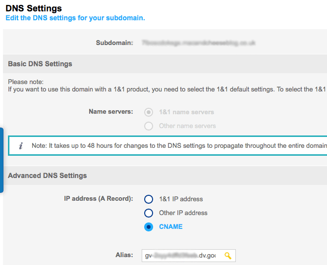 custom domain using 1and1 on Blogger