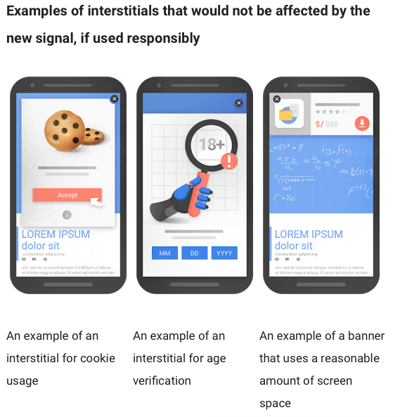 SEO tips: Google to penalise mobile sites with pop-ups and other intrustive interstitials. Examples of what are allowed.
