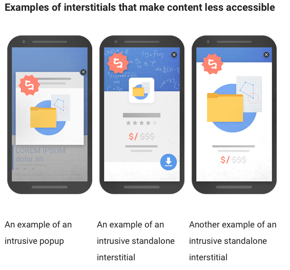 SEO tips: Google to penalise mobile sites with pop-ups and other intrustive interstitials. Examples shown.