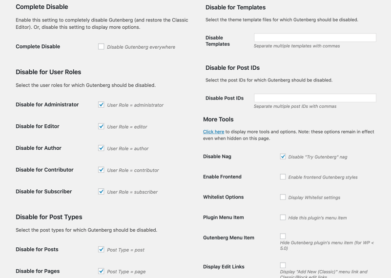How to disable Gutenberg completely or selectively for posts, pages, roles, post types and theme templates