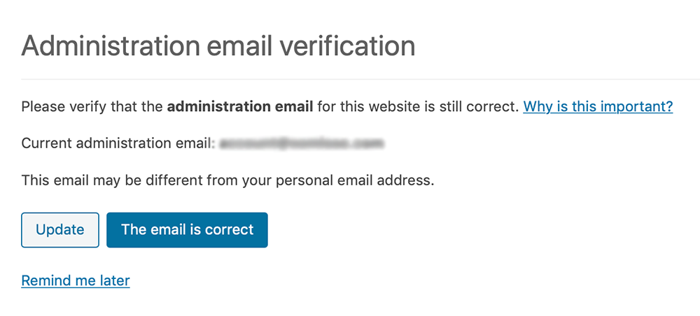 WordPress 5.3 new admin email verification screen