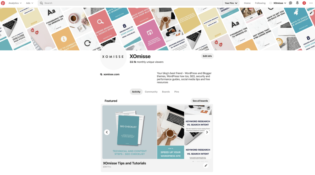 An example of a Pinterest profile with featured banner