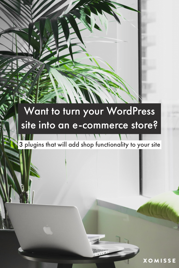 Image with palm trees and a MacBook Pro, with text overlay saying "Want to turn your WordPress site into an e-commerce store?"