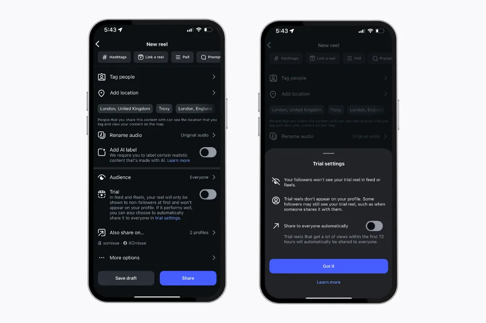 How to toggle on the Trial Reel settings on Instagram